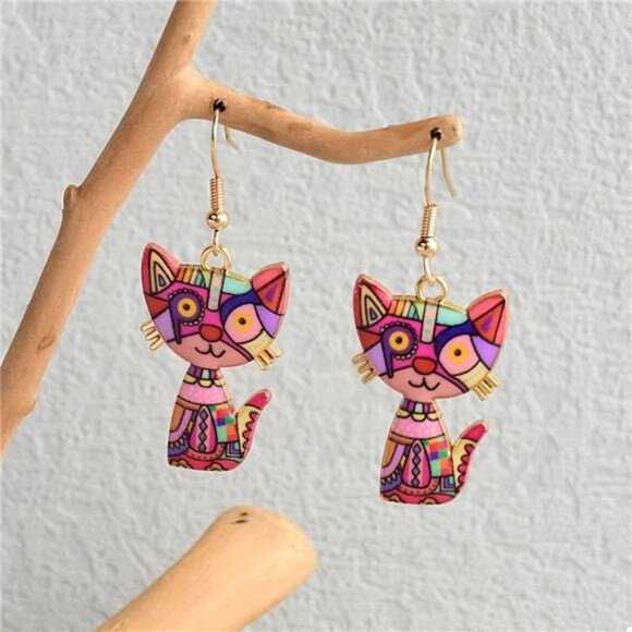 Colorful Cat Dangle Earrings - Picture 3 of 6